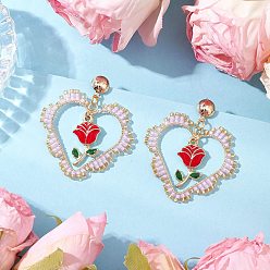 лаванда Серьги-гвоздики с подвесками в виде железного цветка, с подвесками в форме сердца из плетеного стекла, золотые, лаванда, 56x41 мм