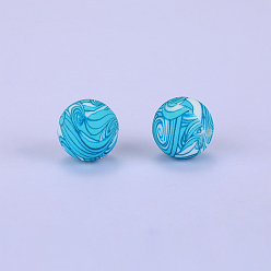 Dark Turquoise Printed Round Silicone Focal Beads, Dark Turquoise, 15x15mm, Hole: 2mm