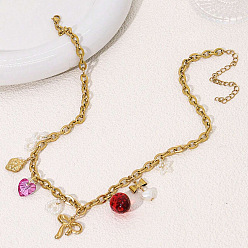 Золотой Белый бант ярко-розовое сердце красная клубника 201 ожерелья из нержавеющей стали и смолы для женщин, золотые, 17.32 дюйм (44 см)