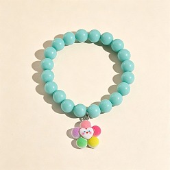 Flower Resin Charm Round Acrylic Beaded Stretch Bracelets for Kid, Turquoise, Flower, Inner Diameter: 2.36 inch(6cm)