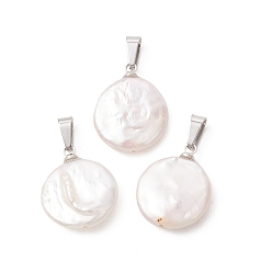 Нержавеющая Сталь Цвет Натуральные кеши жемчужные подвески, Круглые подвески в виде монет с 201 защелкивающимися креплениями из нержавеющей стали, белые, цвет нержавеющей стали, 18~19.5x15~15.5x4.5 мм, отверстие : 2.7x5.7 мм