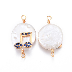 Königsblau Natürliche Perlenverbinder, mit Messing Zirkonia Zubehör, Nuggets mit Musiknote, golden, königsblau, 21~30x12~16x6~9 mm, Bohrung: 1.6 mm