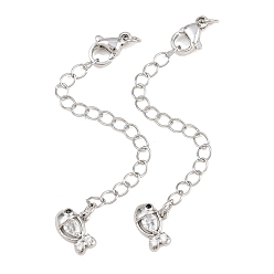 Platinum Brass Curb Chain Extender, End Chains with Lobster Claw Clasps and Cubic Zirconia Charms, Fish, Platinum, 70mm, Hole: 2.4mm