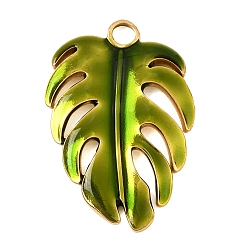 Echt 18 k vergoldet 304 Edelstahl Anhänger, mit Emaille, Monstera Blatt Charms, Ionenbeschichtung (ip), echt 18 k vergoldet, 27x18x2 mm, Bohrung: 2.5 mm