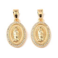 Настоящее золото 18K Подвески из латуни и прозрачного циркония, овальные с подвесками с девственным узором, реальный 18 k позолоченный, 20x13x4 мм, отверстие : 6.5x4 мм