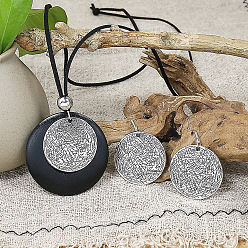 Плоский Круглый Комплекты ожерелий и серег с подвесками из сплава и дерева в этническом стиле, античное серебро, плоско-круглые, 50x33 мм
