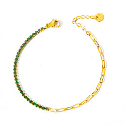 Зеленый 304 Браслеты из нержавеющей стали с микропаве из кубического циркония, браслеты-цепочки со скрепками для женщин, золотые, зелёные, 6.69 дюйм (17 см)