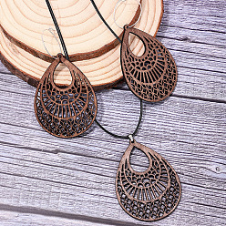 Teardrop Комплекты из ожерелий с подвесками из дерева и вощеного шнура и серег-колец, слеза, ожерелье: 17.72 дюйм(45см) и 91x51мм