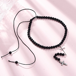 Нержавеющая Сталь Цвет Регулируемые ожерелья с подвеской из нержавеющей стали с двойным крестом, Чётки из чёрного стекла, бусины для женщин и мужчин, цвет нержавеющей стали, 1.14~29.13 дюйм (2.9~74 см)