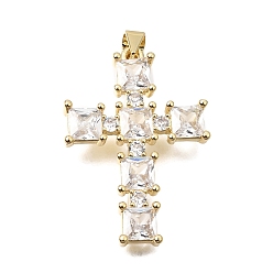 Clear Brass Pave Cubic Zirconia Pendants, Cross with Square Charms, Long-Lasting Plated, Cadmium Free & Lead Free, Real 18K Gold Plated, Clear, 32.5x23x3.5mm, Hole: 4x3.5mm
