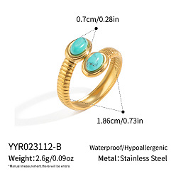 Turquoise 304 Stainless Steel Turquoise Cuff Open Rings for Women, Oval, Real 18K Gold Plated, Inner Diameter: 18.6mm