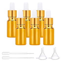 Золотистый 6 шт пустые переносные стеклянные флаконы-капельницы, распылитель мелкого тумана, с 6 шт. резиновой экструзионной головкой, 6 пластиковый пылезащитный колпачок; 2 пипетки; 1 воронка для ПК., золотые, 1x3-1/4 дюйм (2.4x8.1 см), емкость: 10 мл (0.34 жидких унций)