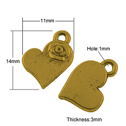 Античное Золото Тибетский стиль сплава прелести подвески, Сердце со цветками , без кадмия, без никеля и без свинца, античное золото , 14x11x3 мм, отверстие : 1 мм