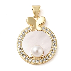 Real 18K Gold Plated Brass & Shell & Clear Cubic Zirconia Pendants, with ABS Plastic Pearl, Butterfly with Flat Round, Cadmium Free & Lead Free, Real 18K Gold Plated, 23.5x19x8mm, Hole: 3.5x4mm