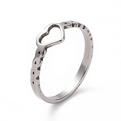 Edelstahl Farbe Anlaufgeschützter 201 Edelstahl-Fingerring mit hohlem Herz für den Valentinstag, Edelstahl Farbe, 2~6 mm, Innendurchmesser: 17 mm