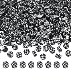 Noir 300 perles d'argile polymère faites à la main, Plat rond avec motif tartan, noir, 9.5x4.5mm, Trou: 1.8mm