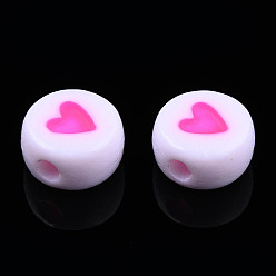 Hot Pink Opaque Acrylic Beads, with Enamel, Flat Round with Heart, Hot Pink, 7x3.5mm, Hole: 1.2mm, about 3600~3700pcs/500g