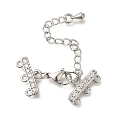 Платина Стойки обшивки латунь когтя омара застежками, с концевыми цепями и звеньями из прозрачного кубического циркония, долговечный, без свинца и без кадмия, прямоугольные, 3 нитей, 6-луночное, платина, 23 мм, отверстие : 1.2 мм