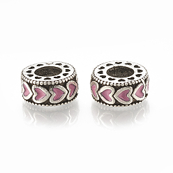 Perle rosa Metall Großlochperlen, Großloch perlen, mit Emaille, flach rund mit Herz, Antik Silber Farbe, Perle rosa, 11.5x5 mm, Bohrung: 5 mm