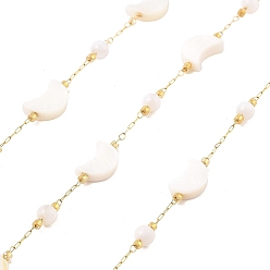 Настоящее золото 18K Ионное покрытие (ip) 304 цепи для канцелярских скрепок из нержавеющей стали, пайки, с стеклянные бусы, луна, реальный 18 k позолоченный, 10x7x3 мм, около 16.40 футов (5 м) / рулон