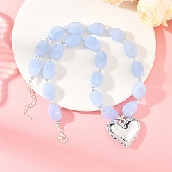 Cornflower Blue Acrylic Heart Pendant Oval Imitation Gemstone Beaded Necklaces for Women, Platinum, Cornflower Blue, 18.50 inch(47cm)