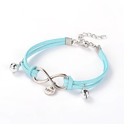Бледно-бирюзовый Кожаный шнур латунь бесконечности ссылка браслеты, с выводами тибетском стиле и латуни омаров коготь застежками, бледные бирюзовая, 180 мм