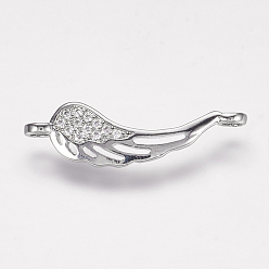 Platinum Brass Micro Pave Cubic Zirconia Links, Wing, Platinum, 8.5x26.5x2mm, Hole: 2mm