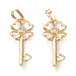 Золотой Латунные микро проложить кубического циркония подвески, долговечный, клеверный ключ с сердцем, прозрачные, золотые, 26.5x11x2 мм, отверстие : 5.7x3.5 мм