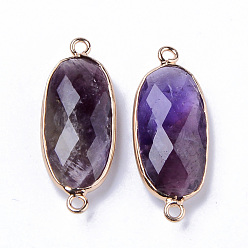 Amethyst Natural Amethyst Links Connectors, with Light Gold Plated Edge Brass Loops, Oval, Faceted, 27x11x5.5mm, Hole: 2mm