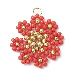 Красный Подвески-цветы из стеклянных бус, с 304 нержавеющей стали, реальный 18 k позолоченный, красные, 22~23x22~23x3 мм, Перейти кольцо: 4x0.5 мм, отверстие : 3 мм
