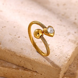 Plaqué 18K Or Véritable Bagues manchette ouvertes en laiton pavé de zirconiums cubiques, cœur, réel 18 k plaqué or, 7x14mm, taille us 8 1/2 (18.5 mm)