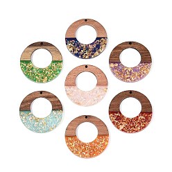 (52) Непрозрачная лаванда Подвески из непрозрачной смолы и орехового дерева, плоские круглые прелести, с блестящей пудрой и золотой фольгой, разноцветные, 38x3~3.5 мм, отверстие : 2 мм