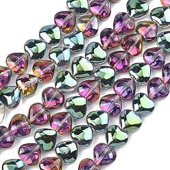 Средний Морско-зеленый Гальванизированная нить из прозрачных стеклянных бусин, сердце, с половиным покрытием, средний морской зеленый, 9.5x10.5x6 мм, отверстие : 0.7 мм, около 42 шт / нитка, 15.87'' (40.3 см)