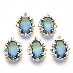 Pale Turquoise Transparent Faceted Glass Pendants, with Golden Tone Brass Open Back Settings, Oval, Pale Turquoise, 20x15x6mm, Hole: 1.2mm