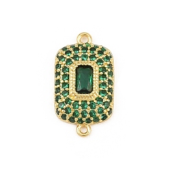 Green Brass Micro Pave Cubic Zirconia Connector Charms, Rectangle Links, Rack Plating, Long-Lasting Plated, Real 18K Gold Plated, Green, 19x10x4mm, Hole: 1.2mm