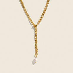 Настоящее золото 18K Минималистичные 304 цепочки Фигаро из нержавеющей стали, ожерелья-лариаты, ожерелья из натурального пресноводного жемчуга, белые, реальный 18 k позолоченный, 22.24 дюйм (56.5 см)
