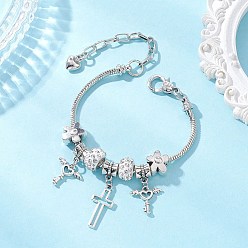 Античный Серебристый & Платиновый Браслеты в европейском стиле из сплава и полимерной глины с подвесками-стразами, латунные браслеты-змейки для женщин, Ключ к форме креста и сердца, старинное серебро и платина, 6.77 дюйм (17.2 см)