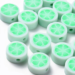 Aquamarine Handmade Polymer Clay Beads, Flat Round with Flower, Aquamarine, 9~10x4~5mm, Hole: 1.4mm