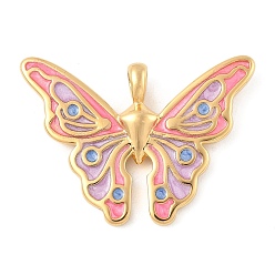 Ярко-Розовый 304 подвески из нержавеющей стали, с эмалью, очарование бабочки, реальный 18 k позолоченный, ярко-розовый, 26x35x5 мм, отверстие : 4x3 мм