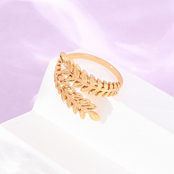 Golden 304 Stainless Steel Cuff Open Rings for Women, Leaf, Ion Plating(IP), Golden, 17mm