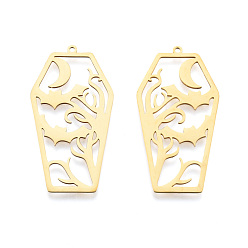 Настоящее золото 18K Хэллоуин 201 из нержавеющей стали подвески, лазерная резка, гроб с битой, реальный 18 k позолоченный, 45x23.5x1 мм, отверстие : 1.5 мм