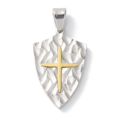 Золотой & Цвет Нержавеющей Стали Ионное покрытие (ip) 304 подвески из нержавеющей стали, щит с крестом-оберегом, золотые и нержавеющая сталь цвет, 34x21x4 мм, отверстие : 7.5x4.5 мм