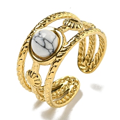 Настоящее золото 18K Ионное покрытие (ip) 304 открытые манжеты из нержавеющей стали, синтетические бирюзовые круглые кольца на палец для женщин и мужчин, реальный 18 k позолоченный, регулируемый