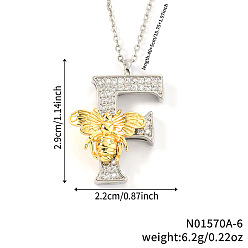 Letter F Подвеска в виде пчелы с микропаве из прозрачного кубического циркония в виде микрофибры, латунная, с инициалами., платиной и золотом, Буква F, 15.75 дюйм (40 см), Кулон : 29x22 мм