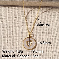 Disc Кулон из натуральной раковины, латунная цепочка., регулируемые слайдерные ожерелья для женщин, золотые, цвет морской раковины, полый диск с сердцем, 17.72 дюйм (45 см), Кулон : 16.8x19.5 мм