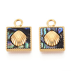 Раковина 304 квадрат из натуральной ракушки пауа из нержавеющей стали с подвесками в форме ракушки, реальный 14 k позолоченный, ионное покрытие (ip), 14.5x10.5x3.5 мм, отверстие : 2.2 мм