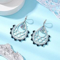 Нержавеющая Сталь Цвет Серьги-подвески из натурального черного оникса в стиле бохо, со стеклянными шариками и крючки латуни серьги, слеза, цвет нержавеющей стали, 51.5x33 мм