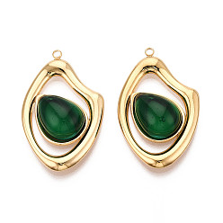 Темно-Зеленый 304 подвески из нержавеющей стали и стекла, самородки с каплевидным шармом, вакуумное покрытие pvd, реальный 18 k позолоченный, темно-зеленый, 39x24x7.5~8 мм, отверстие : 2 мм