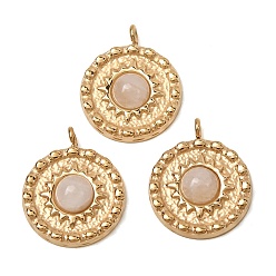 White Jade Natural White Jade Pendants, 304 Stainless Steel Flat Round Bezeled Charms, Ion Plating(IP), Real 14K Gold Plated, 14~14.5x11.5x3.5~4mm, Hole: 1.2~1.6mm
