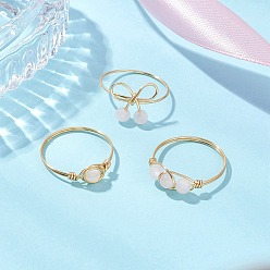 Розовый Кварц Круглые кольца из натурального розового кварца для женщин, Кольца из медной проволоки золотистого тона, бантом, внутренний диаметр: 18~18.5 мм, 3 шт / комплект